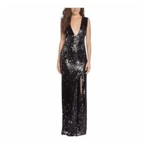 Rachel Zoe Venus Sequin Evening Gown Black Silver Sleeveless V-Neck Maxi Dress 6